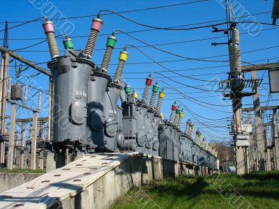 Line of high voltage electric converters equipment at a power plant