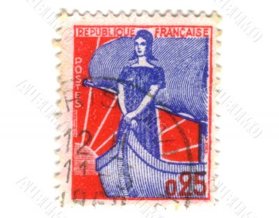 Old french stamp with lady on boat