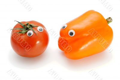 Tomato bellpepper with eyes on white