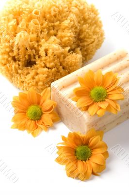natural sponge, soap and flowers
