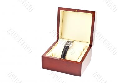 female silver watch in a wood gift box