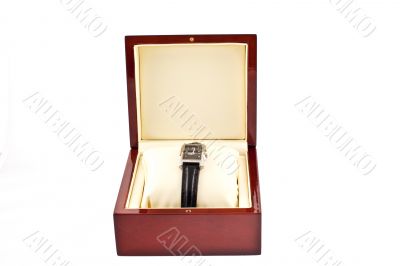 female silver watch in a wood gift box
