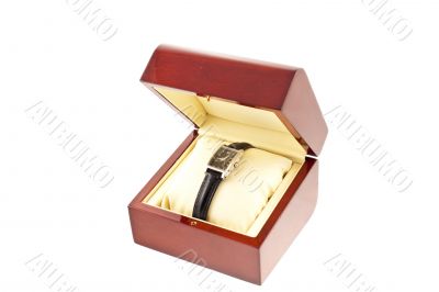 female silver watch in a wood box