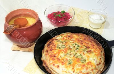 Pancakes and soup in casserole
