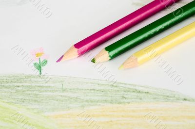 Children`s drawing and pencils