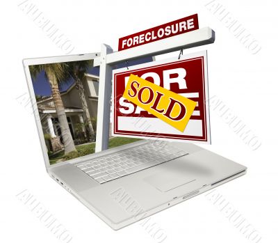 Sold Foreclosure Home for Sale Real Estate Sign & Laptop