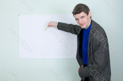 Teacher showing on the poster