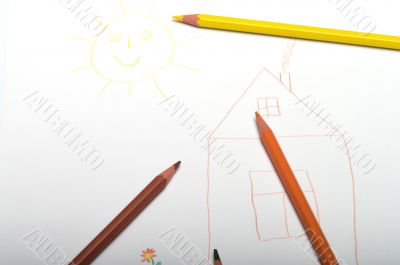 Children`s drawing and pencils.