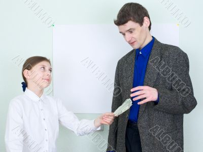 Girl stretches money to the guy