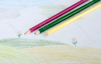 Children`s drawing and pencils