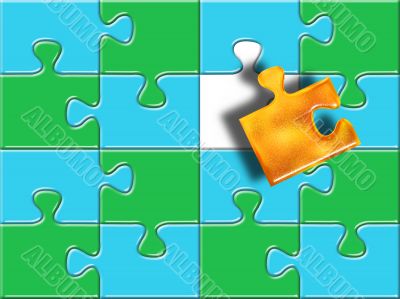 green and blue puzzle surface with one golden piese