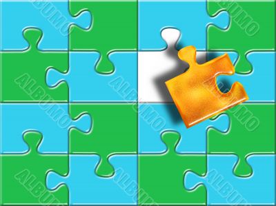 green and blue puzzle surface with one golden piese