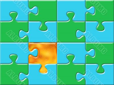 green and blue puzzle surface with one golden piese