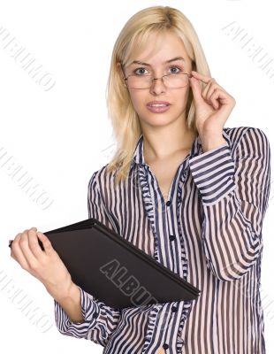 office-woman with glasses and folder on white