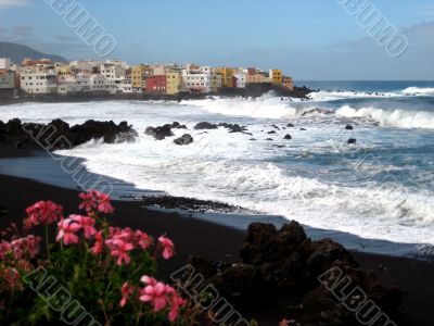 the black volcanic beach and the waves