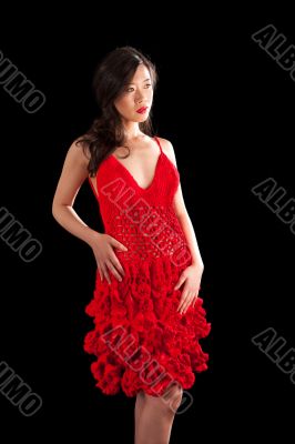 Asian woman in red crochet dress