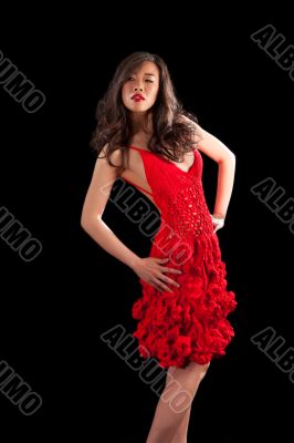 Asian woman in red crochet dress