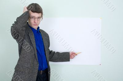 Confused teacher showing on the poster