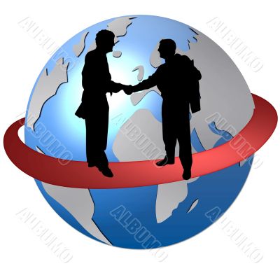 business people in front of a world map