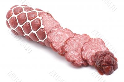 Cut sausage on white background