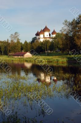 View of ancient cathedral in Kargopol at sunrise