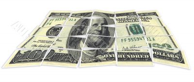 Image of dollar made of puzzles over white background