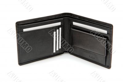 Open black wallet with white business cards