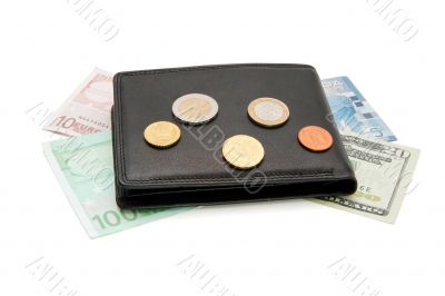 Black wallet, banknotes and coins isolated