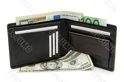 Black wallet with business cards and banknotes