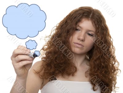 Teenager in front of glass panel with drawing cloud