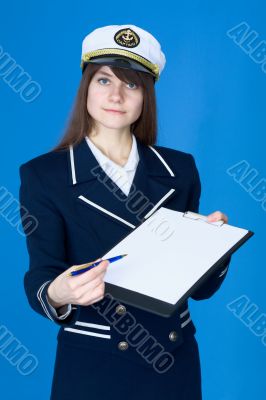 Woman in sea uniform with tablet