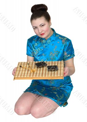 Japanese girl with ceremony tea-tray