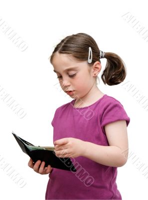 Serious little girl holds a wallet with money