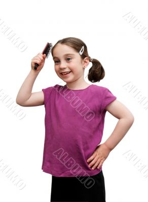 Cute little girl brush her hair isolated