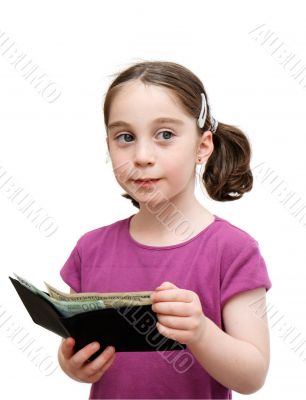 Smiling little girl holds a wallet