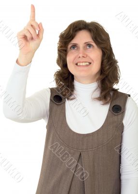 Young woman showing of finger to up
