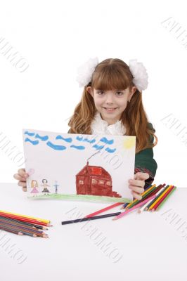 School girl is holding the picture.