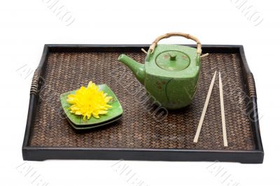 Bamboo tray, green ceramic teapot