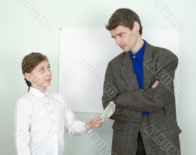 Girl stretches money to the guy