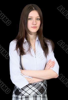 Girl in a white shirt and on black background