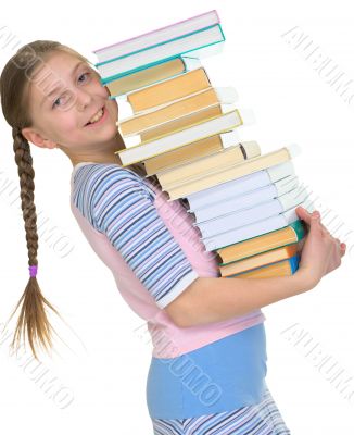 Schoolgirl with the big pile of books in hands