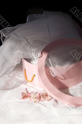 Pink box and bride`s veil