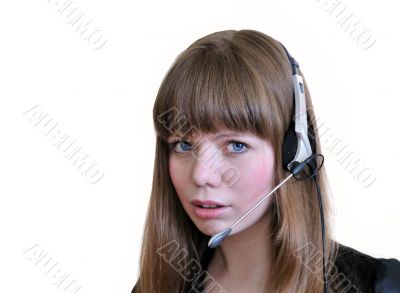  	Girl operator with headset over white.