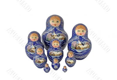 Russian dolls with reflection isolated on white