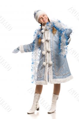 Happy girl in snow maiden costume with tinsel