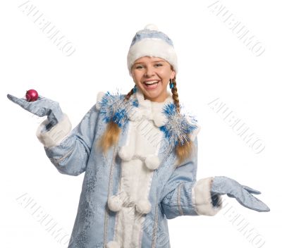 Smiling snow maiden with christmas-tree decoration