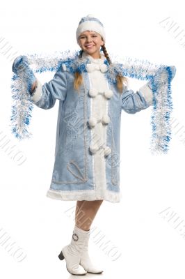 Smiling snow maiden with tinsel