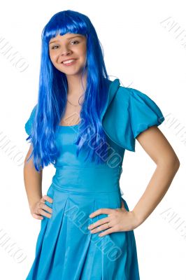 Girl with long blue hair isolated on white