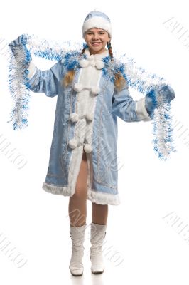 Happy girl in snow maiden costume with tinsel