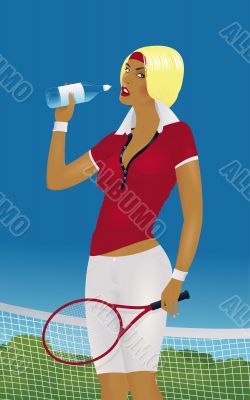 Girl is drinking water after a game of tennis